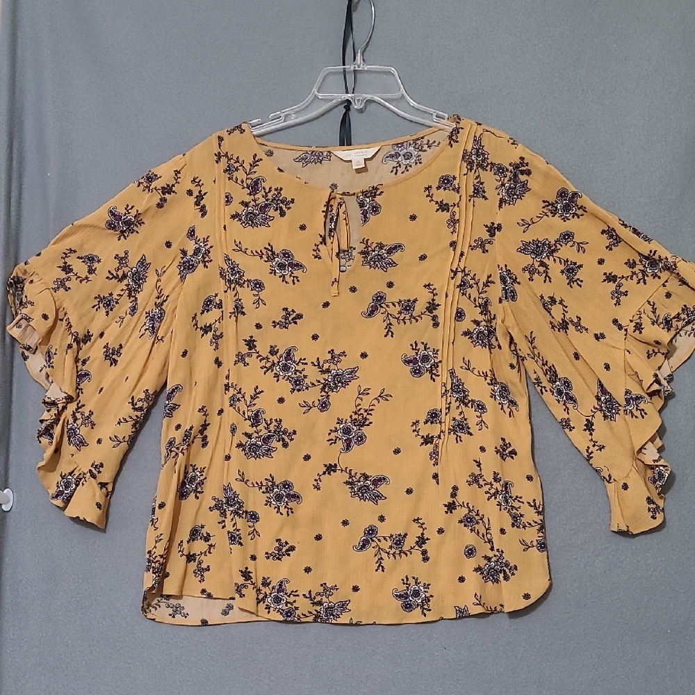 Lauren Conrad Women's Yellow Floral Bell Sleeve Blouse - Size Medium